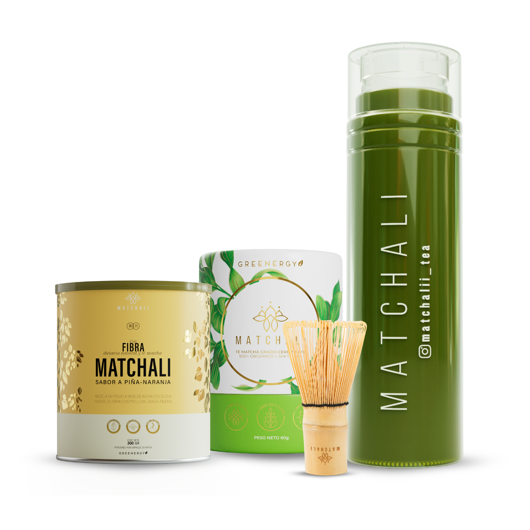 KIT TÉ MATCHA + FIBRA + MEZCLADOR CHASEN Y TERMO MATCHALI